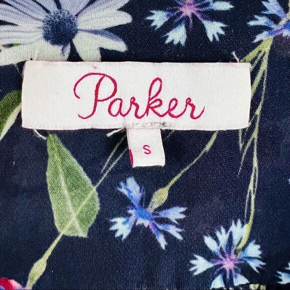 Parker Silk Blend Navy Floral Long Trumpet Sleeve Waist Tie Dress - Picture 9 of 11